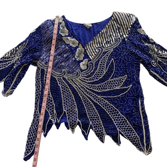 Vintage Royal Blue Pure Silk Beaded Pearl & Silver Sequins V-Neck Retro Blouse - Picture 6 of 10